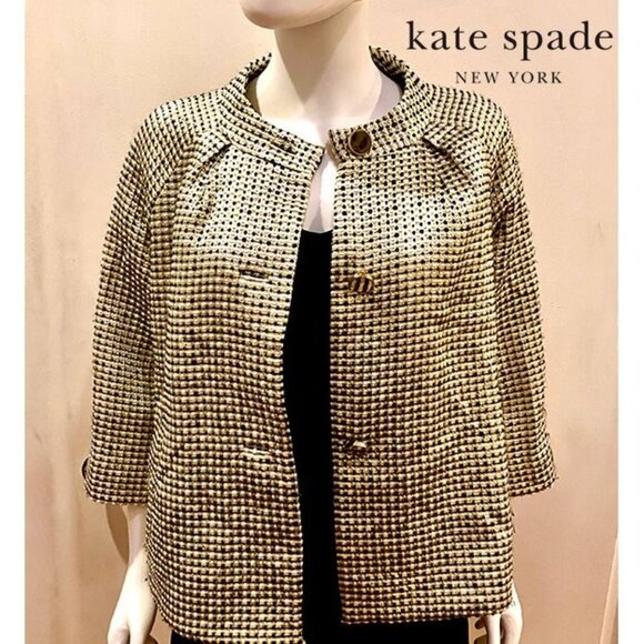 Kate Spade Retro 60s vibe party/holiday jacket, Metallic tweed Gold/black, 3/4 M - Picture 1 of 6